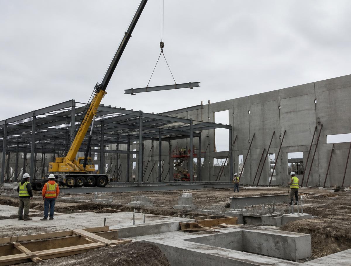 Industrial facility under construction with steel erection, crane hoisting and concrete equipment foundations
